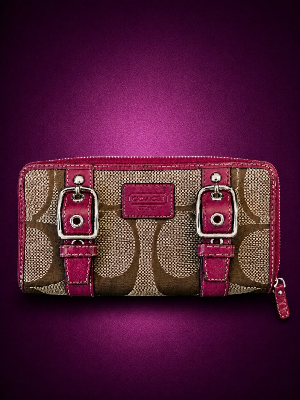 COACH Zoe Legacy Signature Monogram Zip Around Wallet Pink Leather Trim